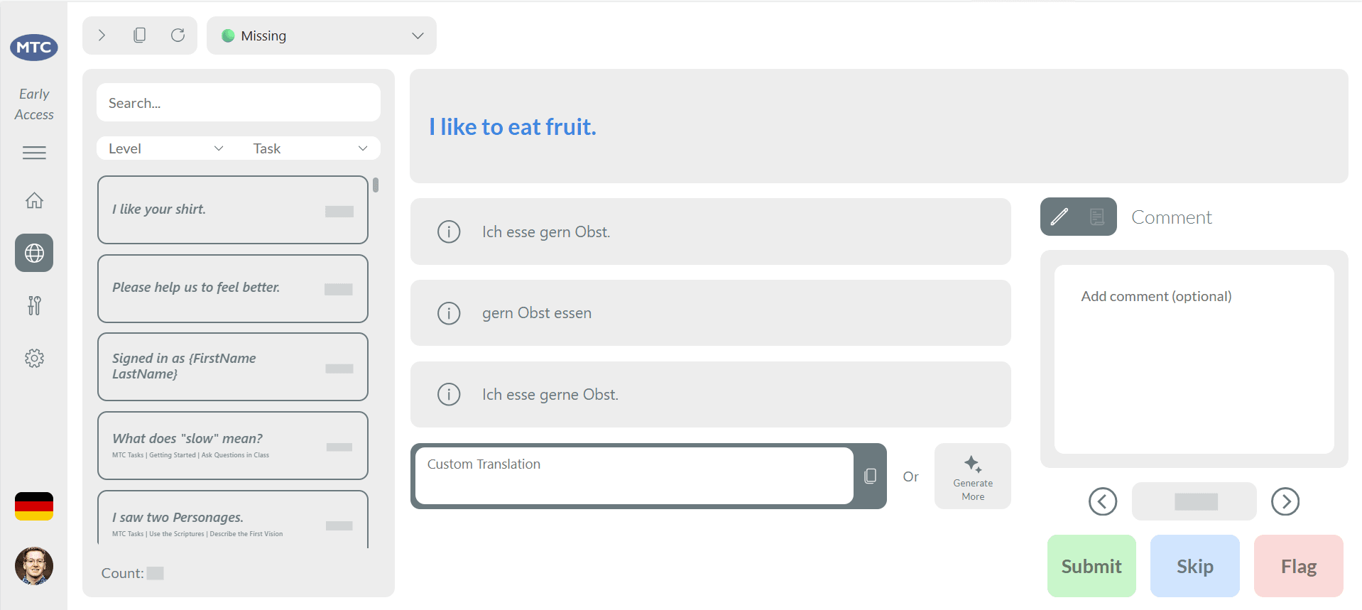 Contributor App screen showing missing translation work